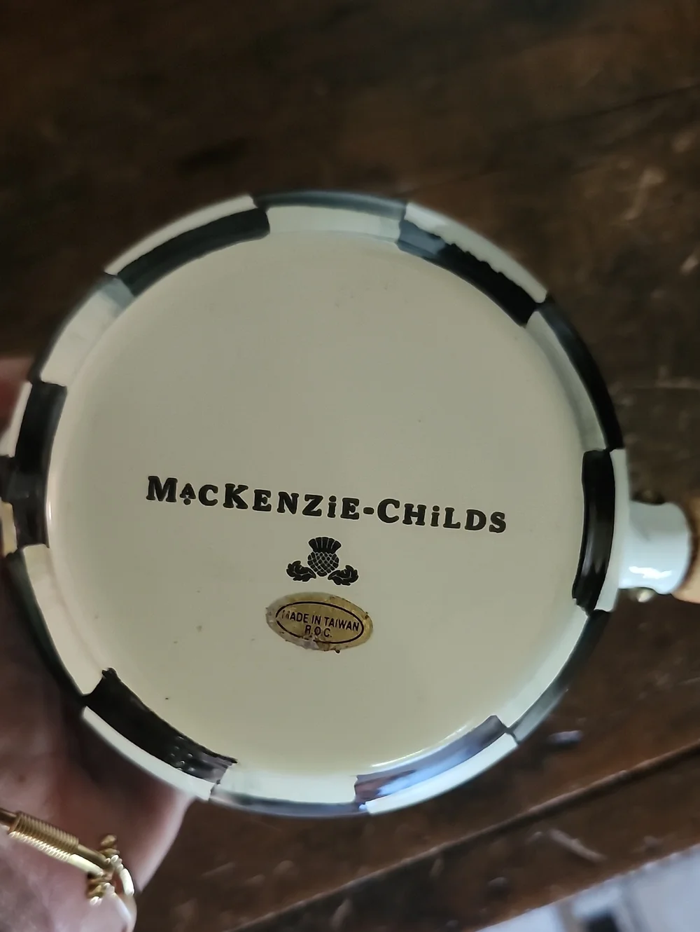 Mackenzie Childs Courtly Check Enamel Creamer With Wooden Handle